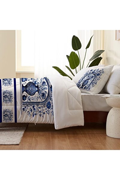 Else Dekor Вінтажний візерунок, синьо-білий, двоспальний, мікрофібра, капітоне - ковдра з наволочками