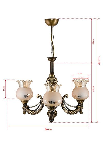 DEDE THREE ARM METAL TUMBLED CADENA CASTED ZAMAK CHANDELIER MATTE HONEY GLASS