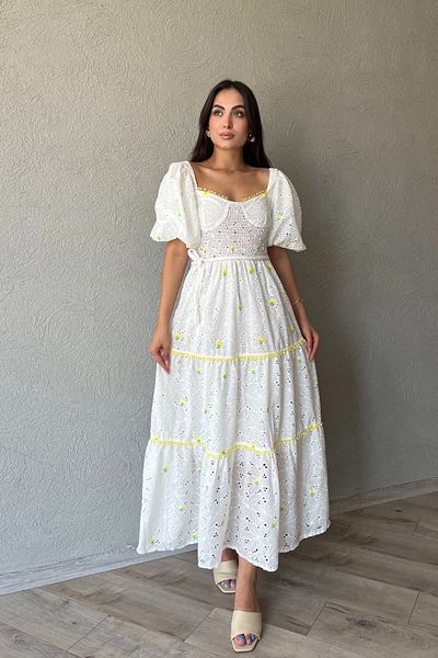 Seda Yalçın Atelier Balloon Sleeve White Yellow Floral Patterned Dress