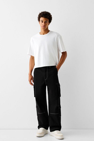 Bershka Contrast Stitching Cotton Cargo Pants