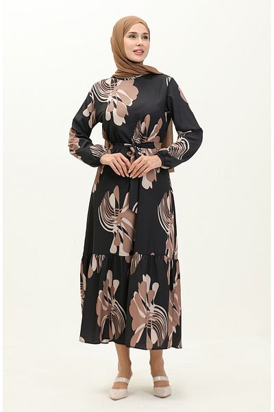 sefamerve Black Brown Digital Printed Gathered Dress 1114-02