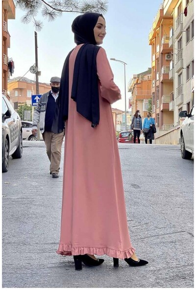 sefamerve Ruffled Hem Aerobin Dress Dusty Rose - Seasonal Crew Neck Dress