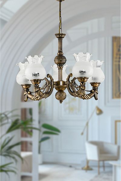 DEDE FIVE SLEEVE METAL AGED CADENA CASTED ZAMAK CHANDELIER WITH MATTE WHITE GLASS