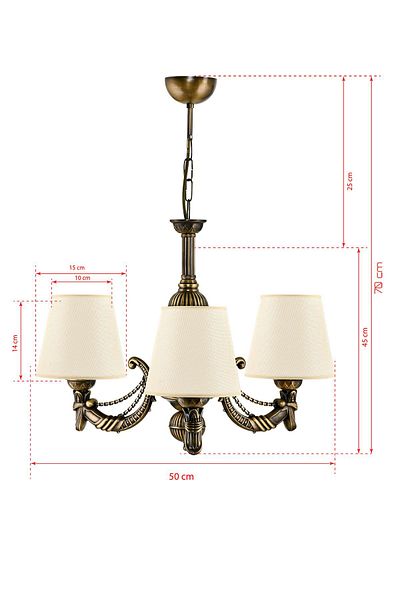 DEDE THREE ARM METAL WASHED CADENA CASTED ZAMAK CHANDELIER WITH CREAM HAT