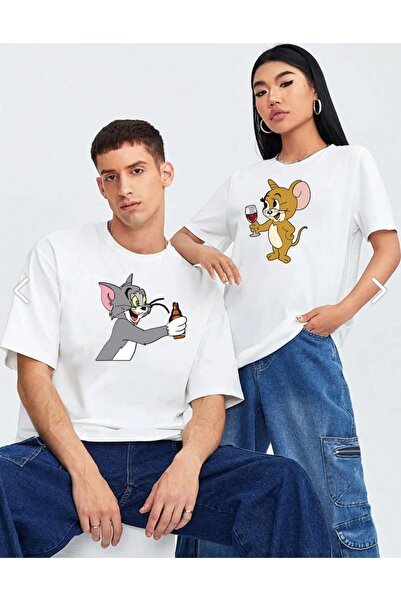 QUEENSTOWN Tricou unisex alb cu imprimeu „Tom și Jerry” pentru cupluri, model...