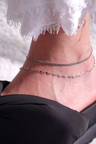 AŞIK ACCESSORIES Steel Chain Anklet - Set of Two