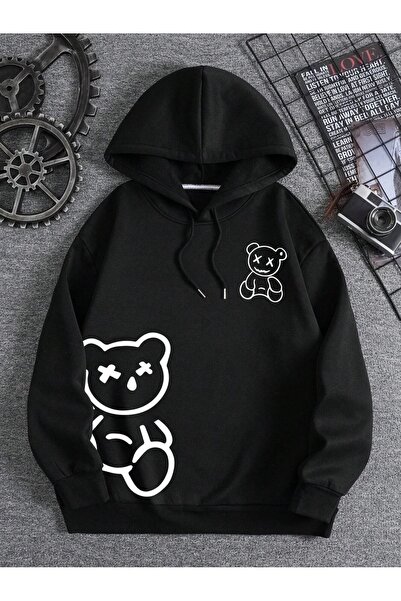 StartMore Hanorac oversize unisex cu glugă cu 3 fire cu imprimeu ursuleț negru