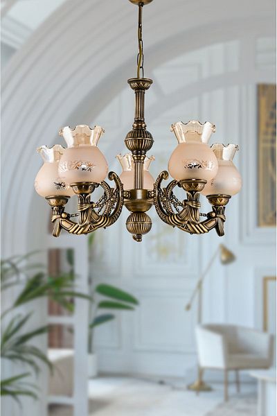 DEDE FIVE ARM METAL AGED CADENA CASTED ZAMAK CHANDELIER WITH MATTE HONEY GLASS