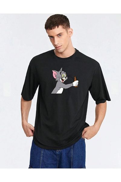 QUEENSTOWN Unisex Μαύρο μπλουζάκι "Tom and Jerry Printed" oversize για ζευγάρια