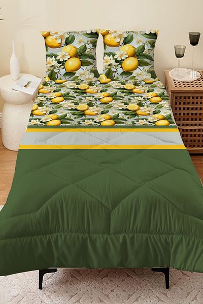 Else Dekor Green Lemon Patterned - Double Person Microfiber Quilted Sleeping Set