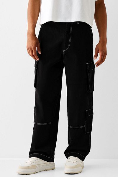 Bershka Contrast Stitching Cotton Cargo Pants