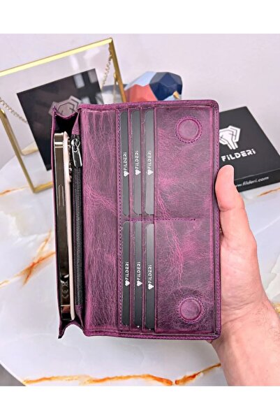 Fil Deri With Phone Compartment - Genuine Leather Wallet - with Magnet and Hand Tape - Large Portfolio 2028