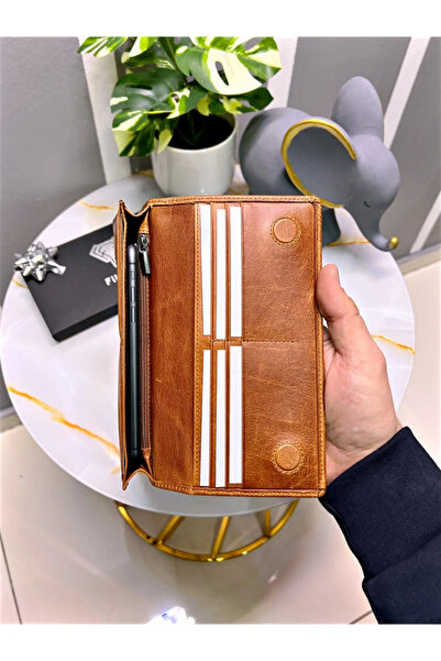 Fil Deri With Phone Compartment - Genuine Leather Wallet - with Magnet and Hand Tape - Large Portfolio 2028