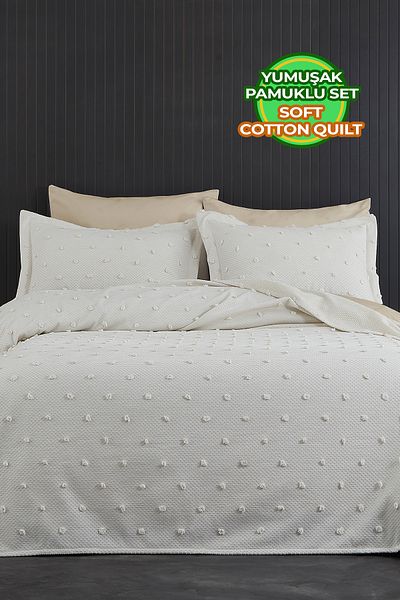 Evlen Home Collection Ash Pike Double Cotton Soft Set - Bedspread Set Cream