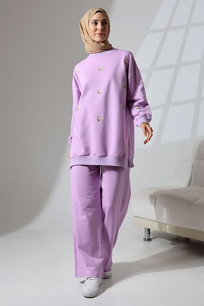 Mihran Butik Lilac Women's Hijab Set - Seasonal Combed Cotton, Sports and Comfortable Tunic and Pants