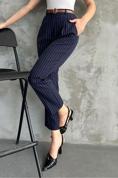 macharel jeans women's narrow leg pleated belt seasonal fabric trousers striped navy blue