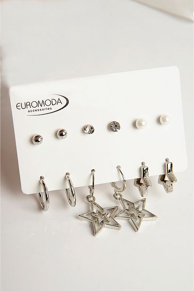 EUROMODA Star Patterned 6-Piece Pearl Ball and Solitaire Earrings Set