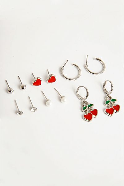 EUROMODA Set of 6 Cherry and Heart Designed Pearl Ball Earrings - Hoop and Solitaire Earrings