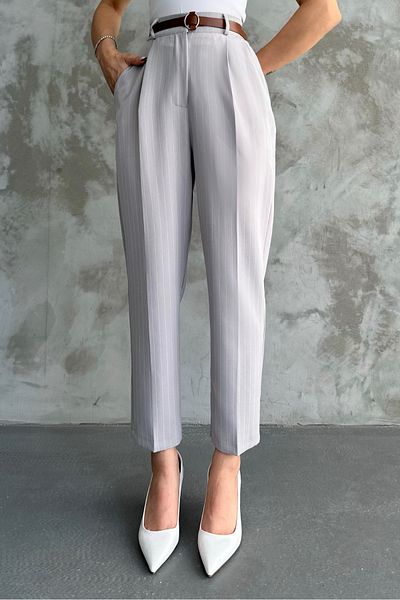 macharel jeans women's narrow leg pleated belt seasonal fabric trousers striped gray
