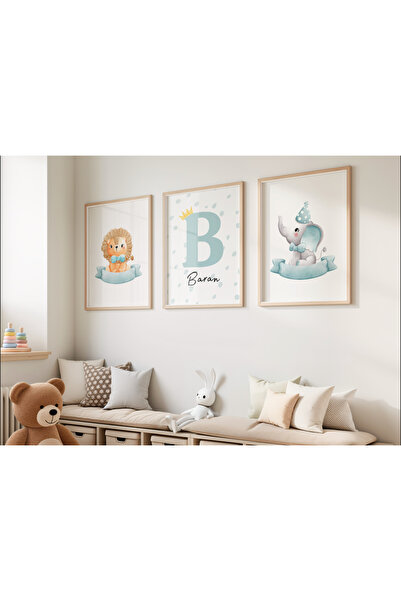 Efsa Sanat Tasarım İsme Özel Çerçeveli Erkek Çocuk Odası Tablo Seti - Bebek Odası Tablosu - Modern Tablo Seti