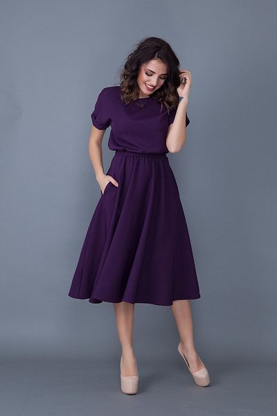 Bidoluelbise Rochie de damă cu talie prune cu buzunare elastice cu mânecă liliac, lungime midi