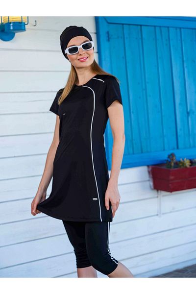 İKSUN Black Hijab - Short Sleeve, Semi Covered, Tights Women's Swimsuit