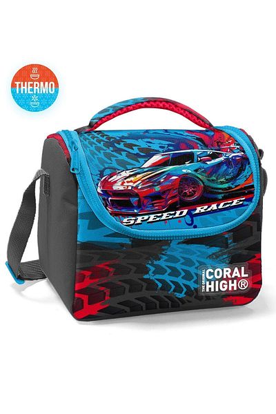 Coral High Gray Blue Race Car Patterned - Kids Thermo Lunchbox 11885