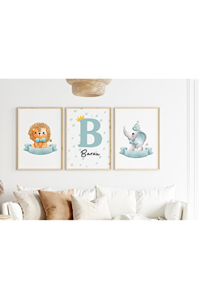 Efsa Sanat Tasarım İsme Özel Çerçeveli Erkek Çocuk Odası Tablo Seti - Bebek Odası Tablosu - Modern Tablo Seti