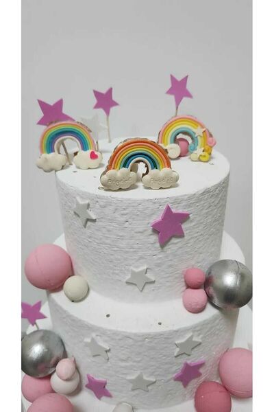 Himi Pasta Süsleri Gök Kuşağı Maket Kürdanlı Cupcake Pasta Süsü 3 Parça Doğum...