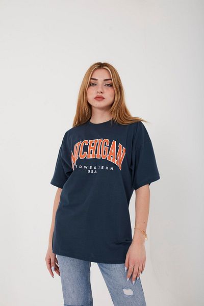 Mad&Calf Γυναικείο μπλουζάκι καπνιστό Michigan με στάμπα Oversize