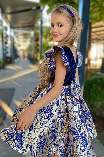 Riccotarz Girl's Jacquard Navy Blue Evening Dress with Transparent Stone Detail on the Collar