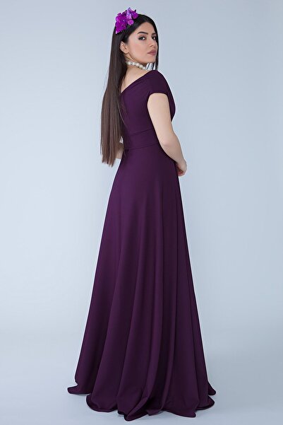 Bidoluelbise Kayık Kruvaze Yaka Düşük Omuz Dokuma Dökümlü Kumaş Maxi Boy Davet & Mezuniyet & Abiye Elbise