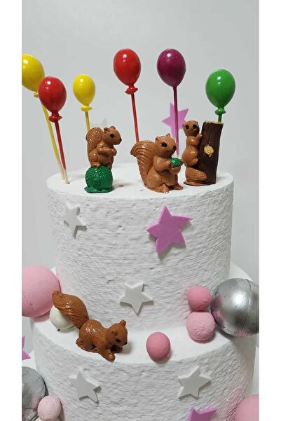 Himi Pasta Süsleri Sincaplar ve Balon Maket Kürdanlı Cupcake Pasta Süsü Doğum...