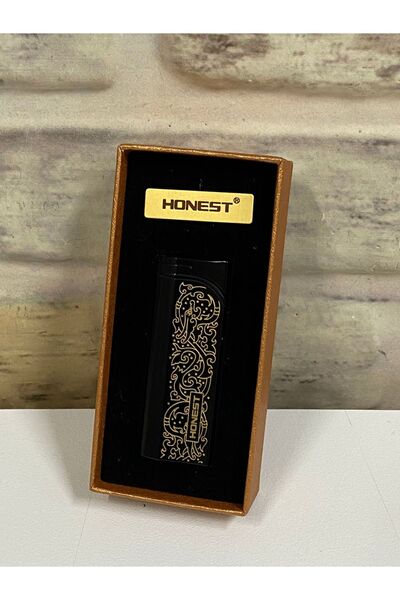 Honest Siyah Sarı Desenli Tek İnce Ateşlemeli Gazlı Kişiye Özel Çakmak