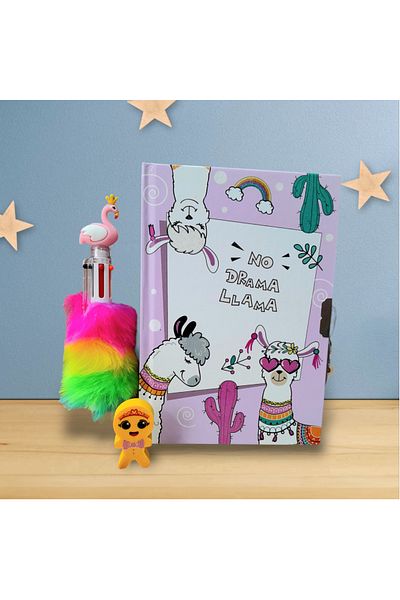 ÇİLEKHOMEAVM 3-Piece Llama Locked Gift Pen Set - Souvenir and Diary Notebook