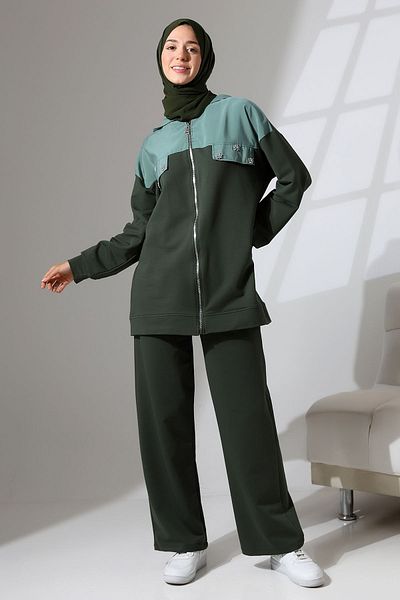 Mihran Butik Women's Khaki Green Sports Set - Seasonal Combed Cotton Tunic and Trousers Set
