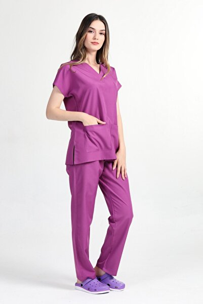 HEMİ A.Purple Cotton Lycra Unisex Bat Sleeve Nurse Uniform and Doctor Uniform Set Hospital Uniform
