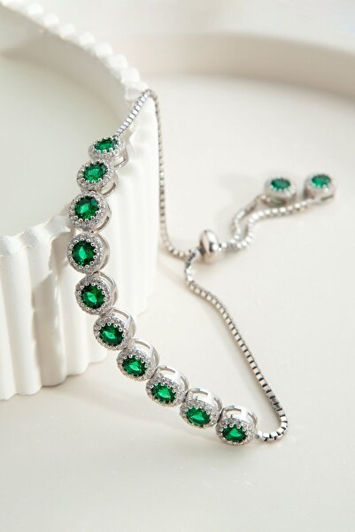 Else Silver Elmas Modeli Yeşil Taşlı Gümüş Asansörlü Bileklik