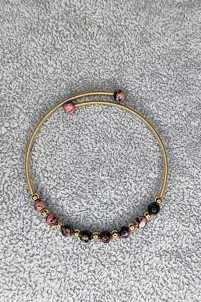 NehirTaş Steel Plated Non-Tarnish Flexible Rhodonite Stone Natural Stone Bracelet