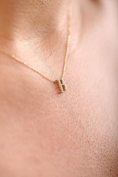 DİAMİNE PIRLANTA 14 Ayar Altın Taşlı 3 Boyutlu B Harf Kolye