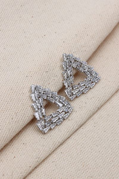 Süspüs Accessories Silver Colored Trapezoidal Jewelled Triangle Evening Dress Earrings