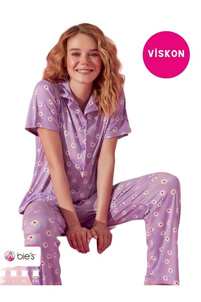 bie's Lilac White Daisy Pattern - Viscose Short Sleeve Pajama Set, Buttoned Front Shirt Collar