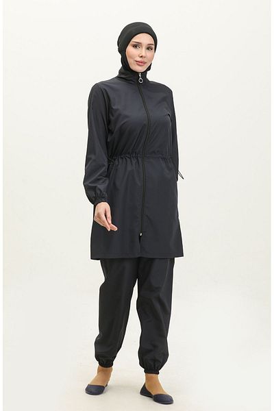 sefamerve Wasserdichter zweiteiliger Hijab-Badeanzug mit Tasche und elastischem Bund 5035-01 Marineblau