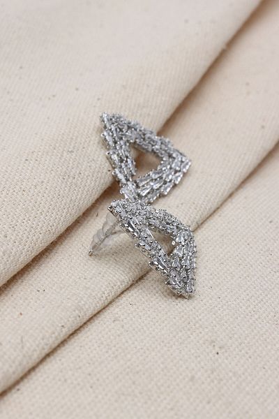 Süspüs Accessories Silver Colored Trapezoidal Jewelled Triangle Evening Dress Earrings