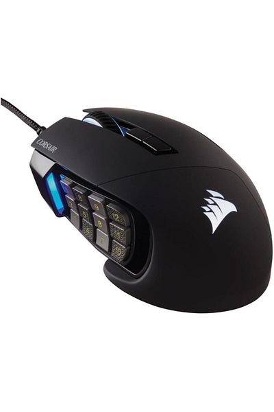 Corsair ماوس ألعاب SCIMITAR RGB ELITE MOBA/MMO، أسود، بإضاءة خلفية RGB LED، 18000 نقطة لكل بوصة، بصري.