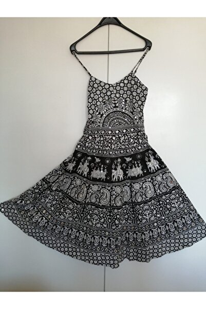 Butik Tülin Otantik Pamuk Siyah Beyaz Desenli Filli Pul Boncuk El Işi Nakışlı...