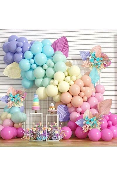 Konsept Sepeti 60Pcs Macarons Balloon Chain Set Mint Green Salmon Yellow Pink Blue Lilac Balloon Birthday Sets