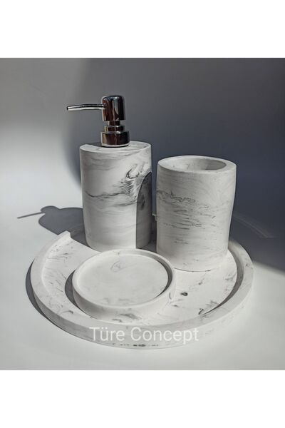 Ture Concept Σετ μπάνιου και δίσκος με μαρμάρινο σχέδιο, δοχείο υγρού σαπουνιού, δοχείο στερεού σαπουνιού, θήκη οδοντόβουρτσας