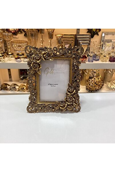 Gold home design Fotoğraf Çerçevesi Çiçek Desenli Taş Detaylı 13x18
