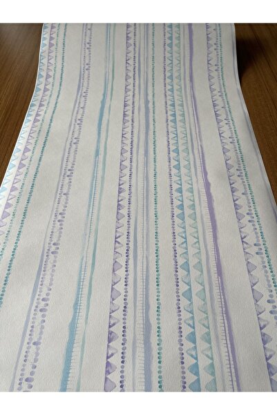 BAŞYAPI DİZAYN Beyaz Zemin Üzeri Mor-mavi-turkuaz Çizgili Ithal Duvar Kağıdı (5m²)